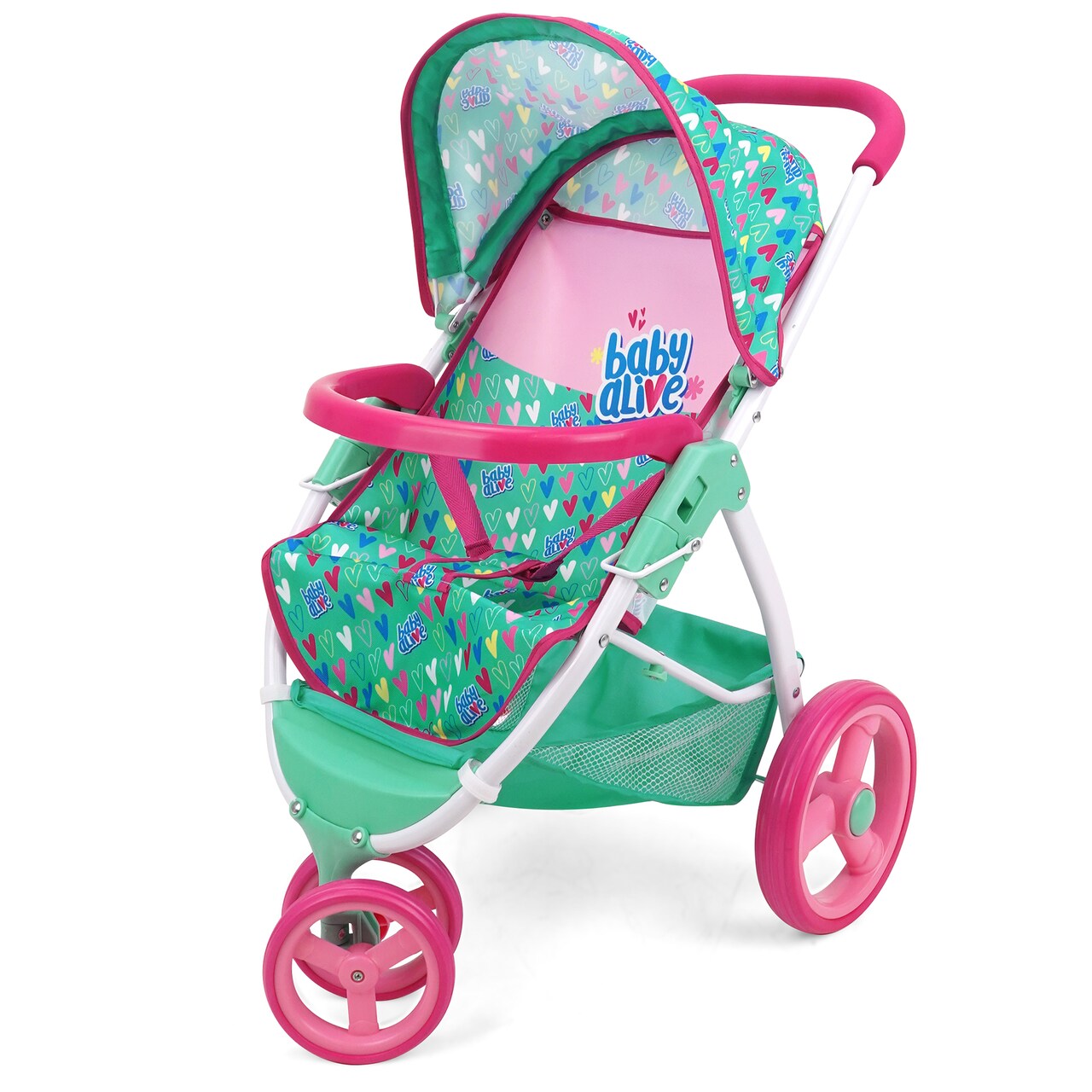 Baby Alive: Doll Jogging Stroller - Green, Pink, Hearts - Accessory For Dolls Up To 24", Foldable Design, Retractable Canopy, Storage, Kids Toy Age 3+